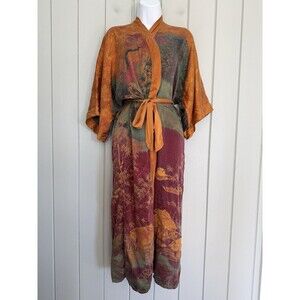 Ledamon 100% Silk Kimono Robe OS Copper Trees Print Belted Longsline V-Neck
